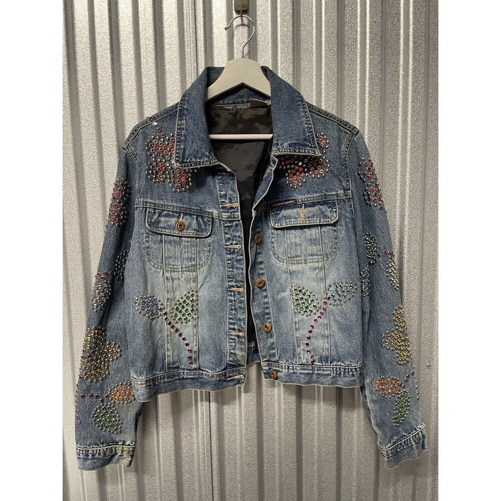 Vintage Parasuco Denim Jacket Womens Medium Y2K Rhinestone Embellished Archival